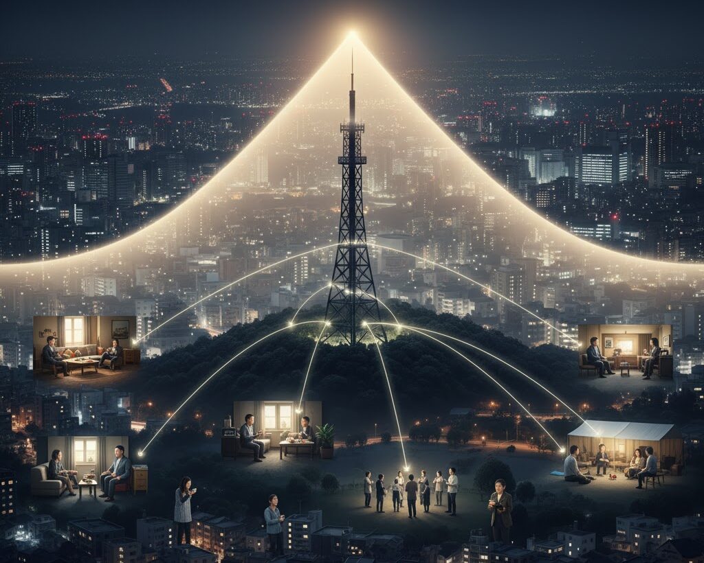 ラジオ放送が1対多で災害時も混雑しない様子を表す電波イメージ