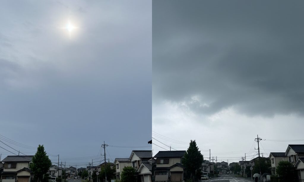 高層雲と乱層雲を見分けるための空模様イメージ。太陽の透け方の違いが分かる写真風