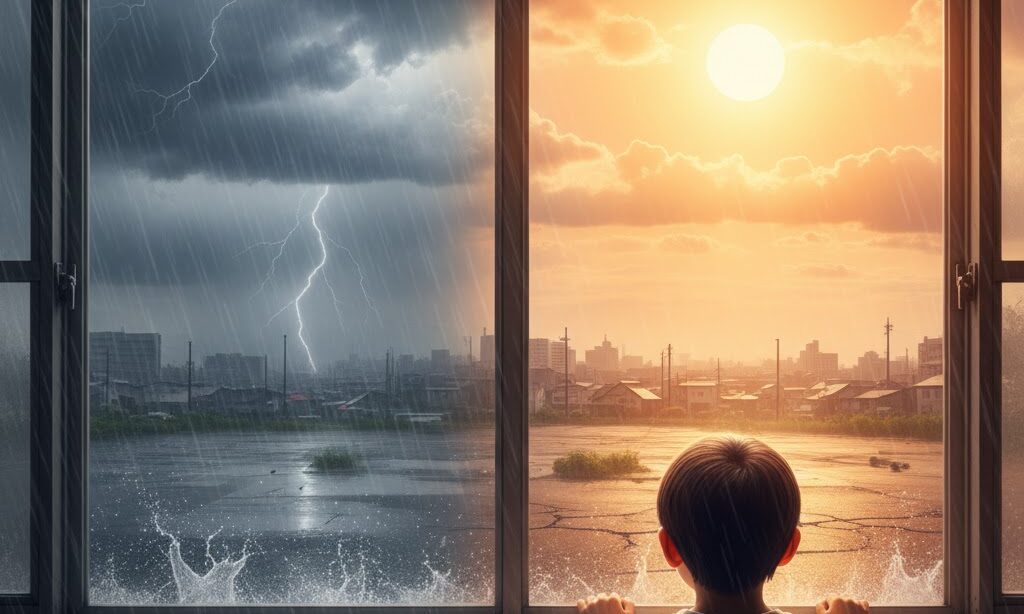 地球温暖化による異常気象、ゲリラ豪雨や猛暑日の増加をイメージした気象変化の写真