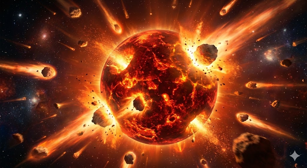 岩石が地球に衝突し熱が生まれる様子を示す想像図