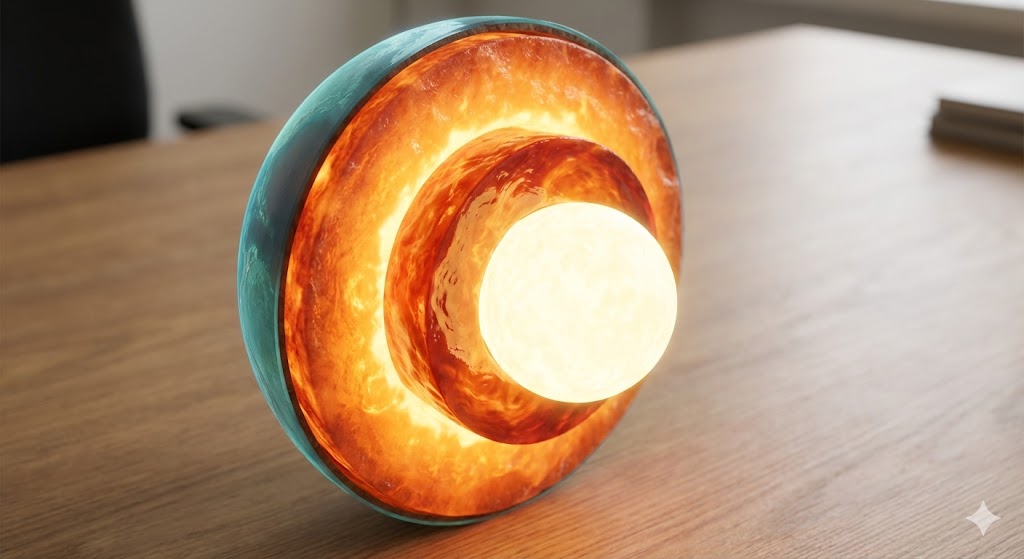 地殻・マントル・外核・内核が色分けされた地球断面のイメージ