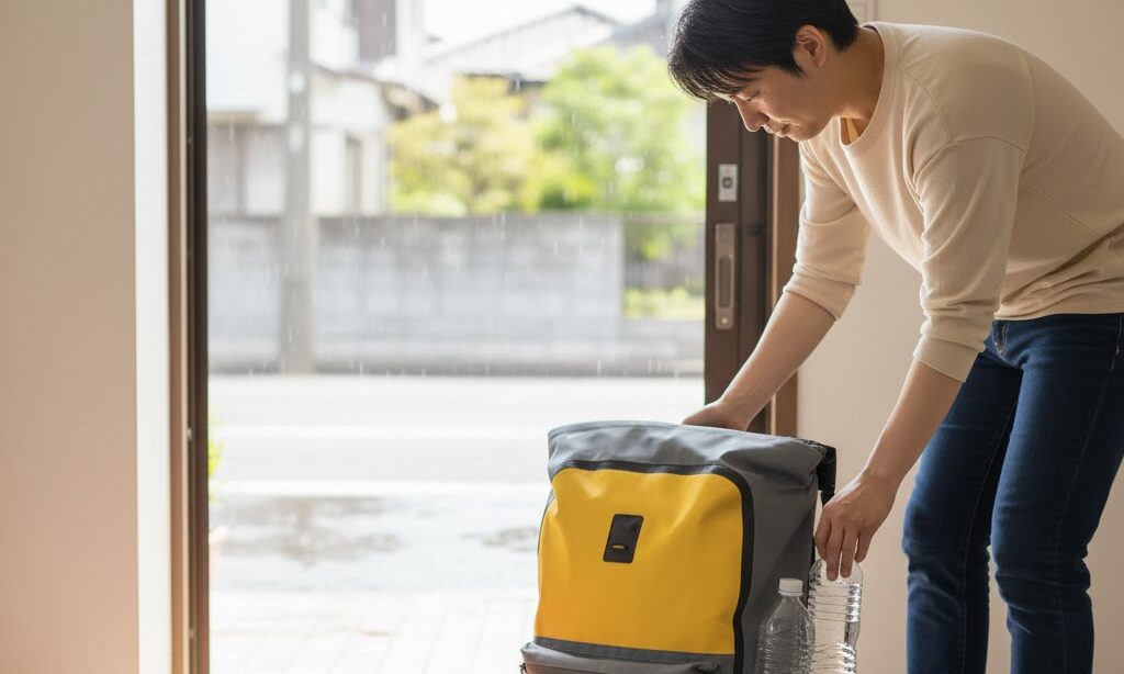 防災リュックに水害対策装備を組み合わせるシーン|浮力体やレインウェアを準備する日本人家族