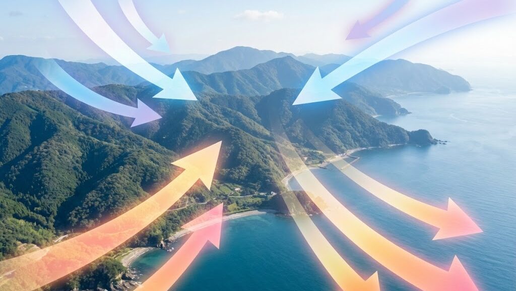 日本の山脈を越えて季節ごとに異なる風が吹く様子を示した実写風の抽象図