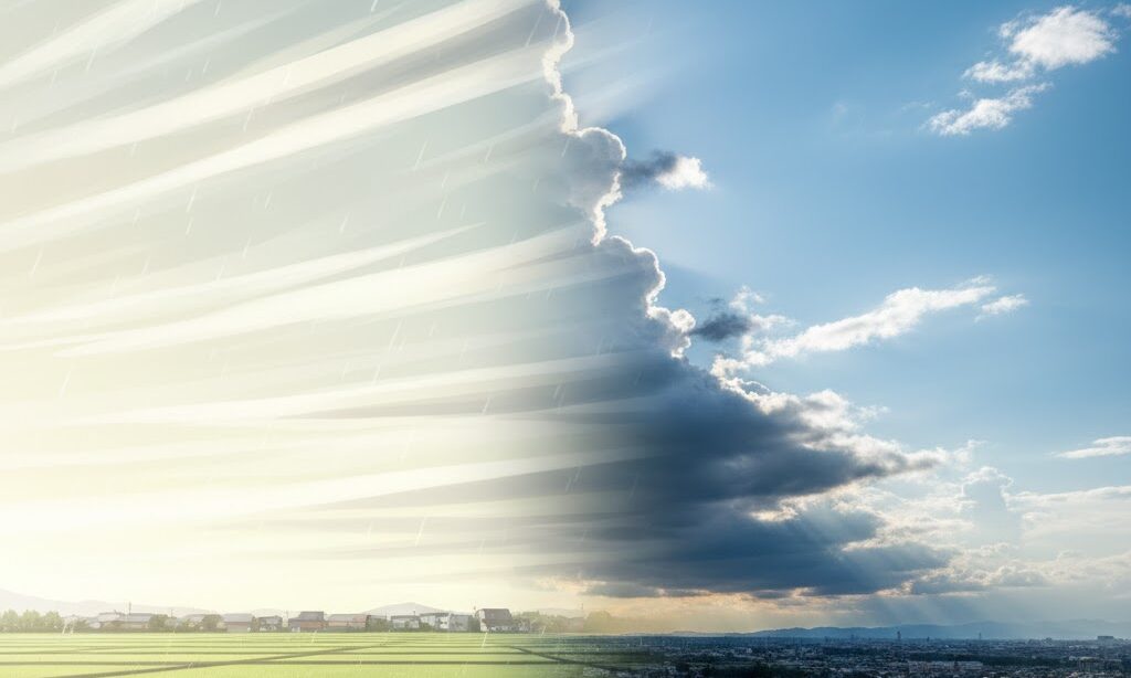 左に明るい温暖前線、右に暗い寒冷前線の空を対比させた実写風構図。日本の空を舞台に、前線の違いを子どもにもわかりやすく表現。