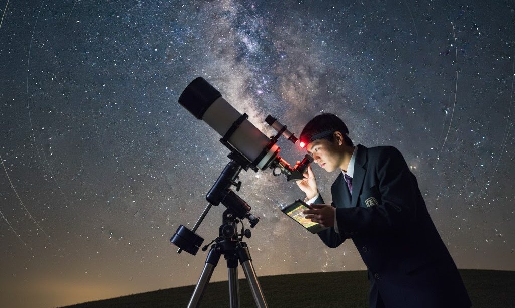 地球の自転を観察する子ども 夜空を見上げるシーン