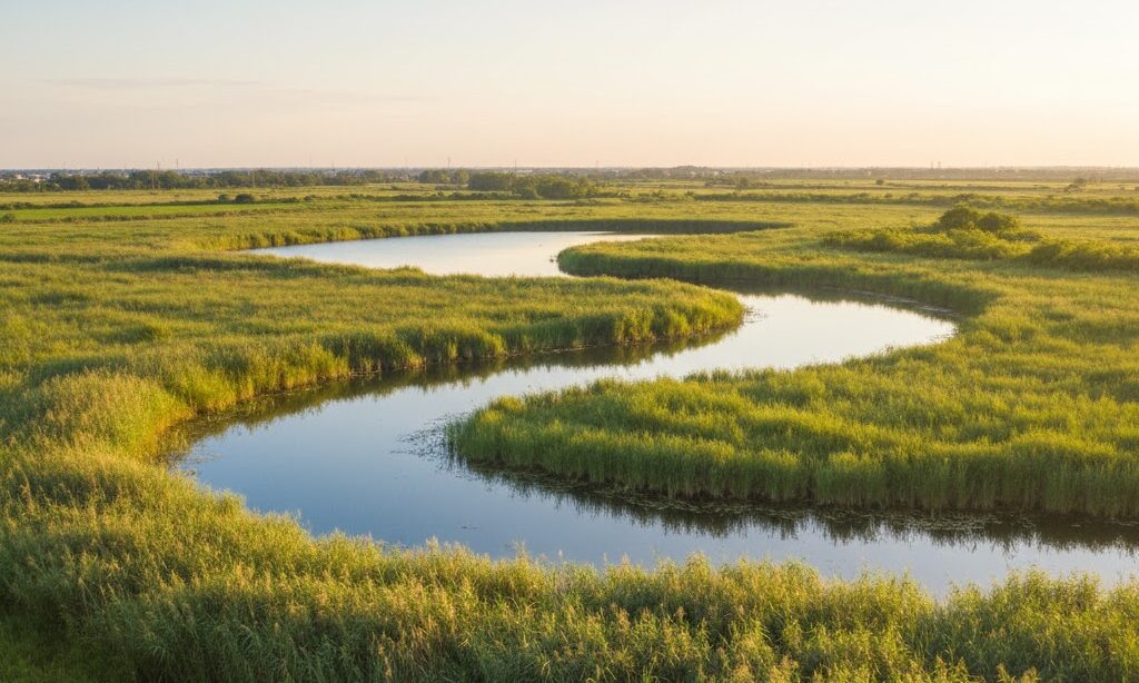 三日月湖が湿地や陸地に変化する過程 自然の循環を示す写真風イメージ