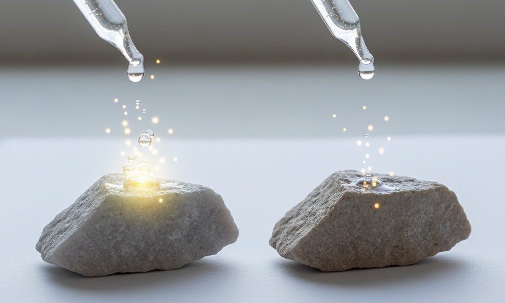 石灰岩とドロマイトの違いを比較する科学教材用写真 酸反応の強弱を光で表現した実写風構図