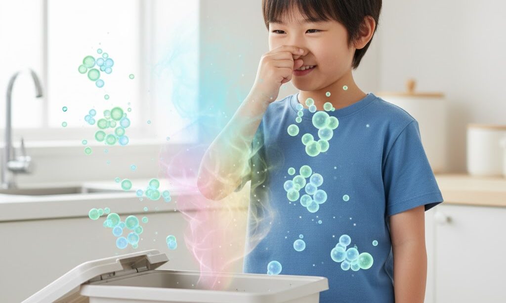 生ゴミの臭いを微生物が分解して無臭化する様子を光の粒で表した台所シーン