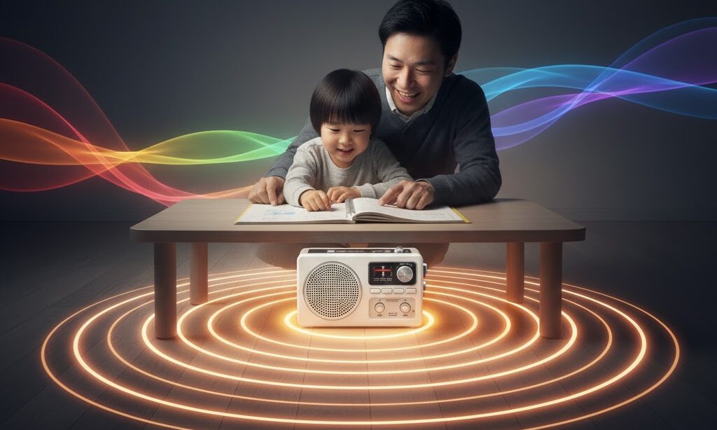 防災ラジオの電磁波の仕組みと情報伝達の強さを学ぶイメージ図