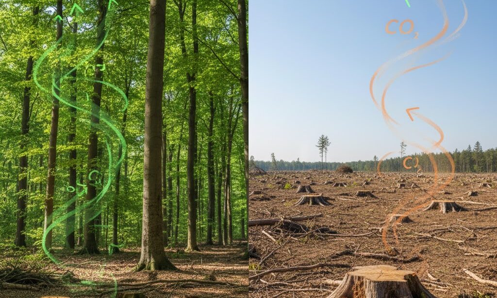 森林破壊によりCO2吸収が減少し地球温暖化が進むことを表す自然環境のイメージ画像