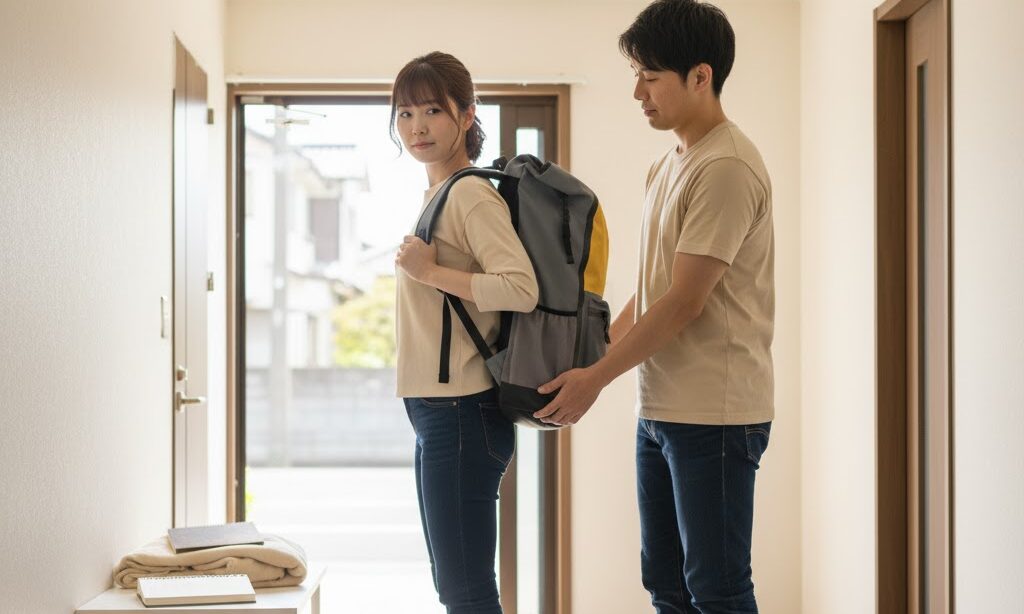 防災リュックの重量を体重に合わせて管理する日本人家族|軽量化のチェック場面