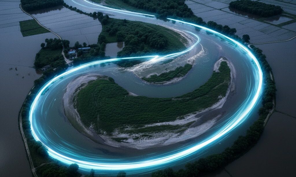 洪水が川の流れを変える仕組み 三日月湖ができるショートカット現象の説明画像