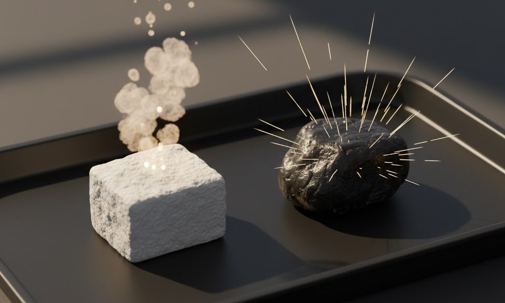 石灰岩とチャートを並べて比較した写真 硬度と酸反応の違いを示す理科教育用イメージ 白い石と黒い石の対比