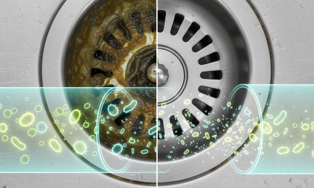 排水溝のヌメリとバイオフィルムを抽象表現で示した排水口の実写クローズアップ