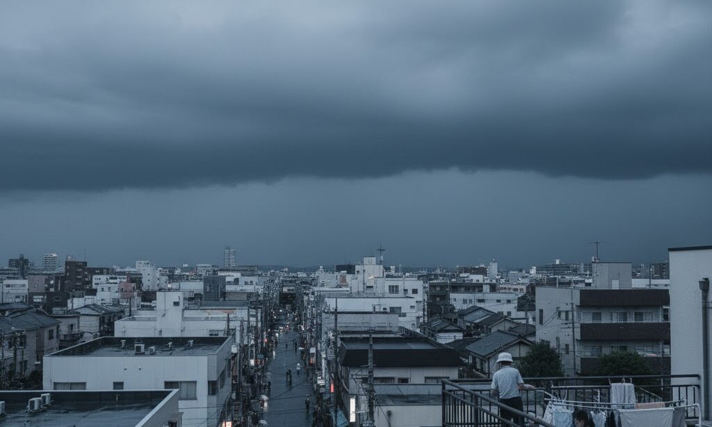 乱層雲が広がり天気悪化のサインとなる空模様。雨が長引く兆候のイメージ