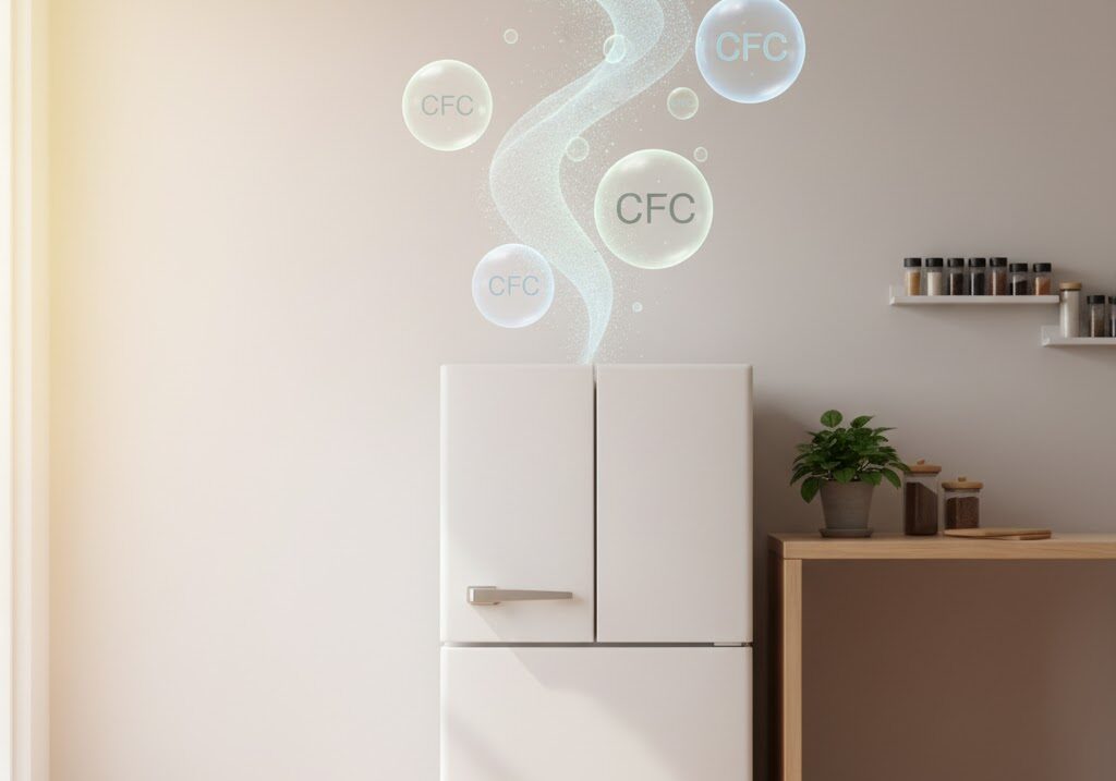 冷蔵庫に含まれるフロンガスが地球温暖化の原因となることを示す家庭のイメージ写真