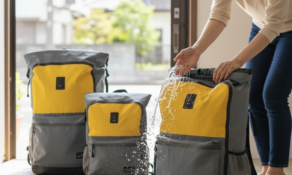 防水性の高い防災リュックを選んで撥水性を確認する日本人の手元