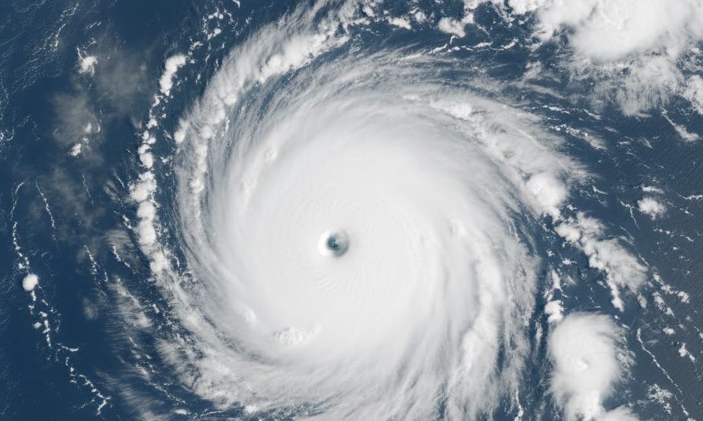 台風の目と渦の構造を表した実写風イメージ|暖かい海から発生する水蒸気がエネルギー源である様子