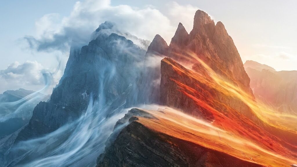 湿った空気が山を登って雲を作り、山頂で雨を降らせる様子を示した実写風の抽象図