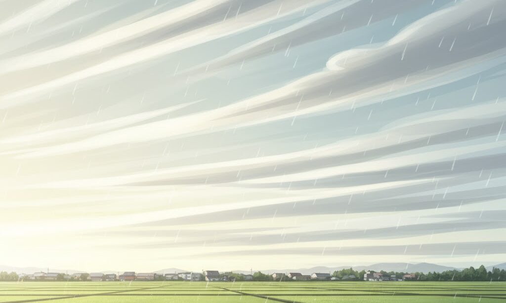 日本の住宅街や田んぼの上に層状の雲が広がり、しとしと雨が降る穏やかな実写風の天気。温暖前線の特徴を優しく表す教育的イメージ。