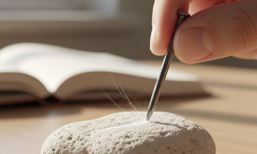 釘で石灰岩を引っかいて硬度を確認する中学生の手元 モース硬度3の柔らかさを観察する理科学習シーン