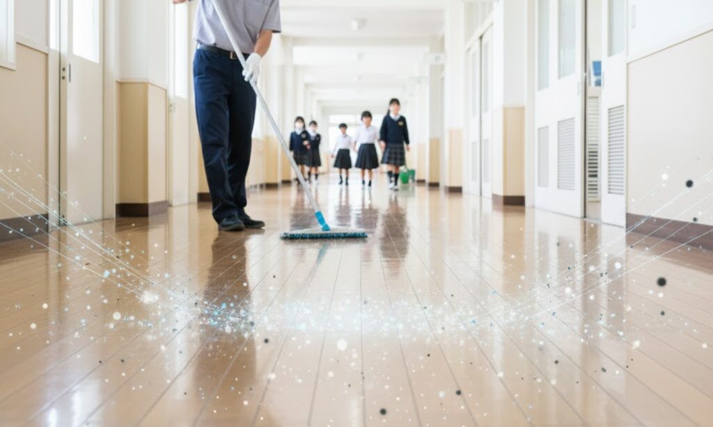 すすぎ不要タイプの洗浄が続く仕組みを光の膜で示した床掃除の実写イメージ