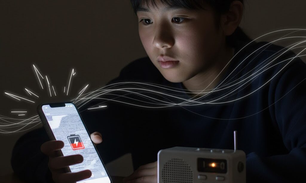 ワンセグは輻輳に強いが電池消費が大きい特徴を表すスマホと防災ラジオの比較イメージ