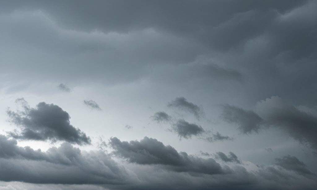 乱層雲の下に生じるちぎれ雲(パヌス)が流れる様子を示す空のイメージ