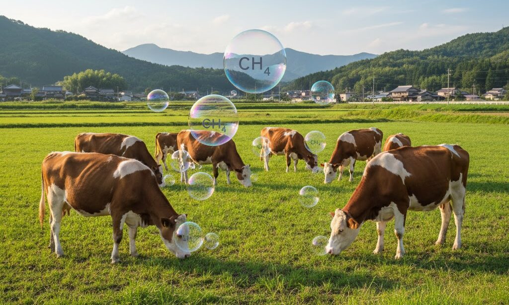 牛のゲップによるメタンガス排出が温暖化の原因になることを示した教育向けイメージ