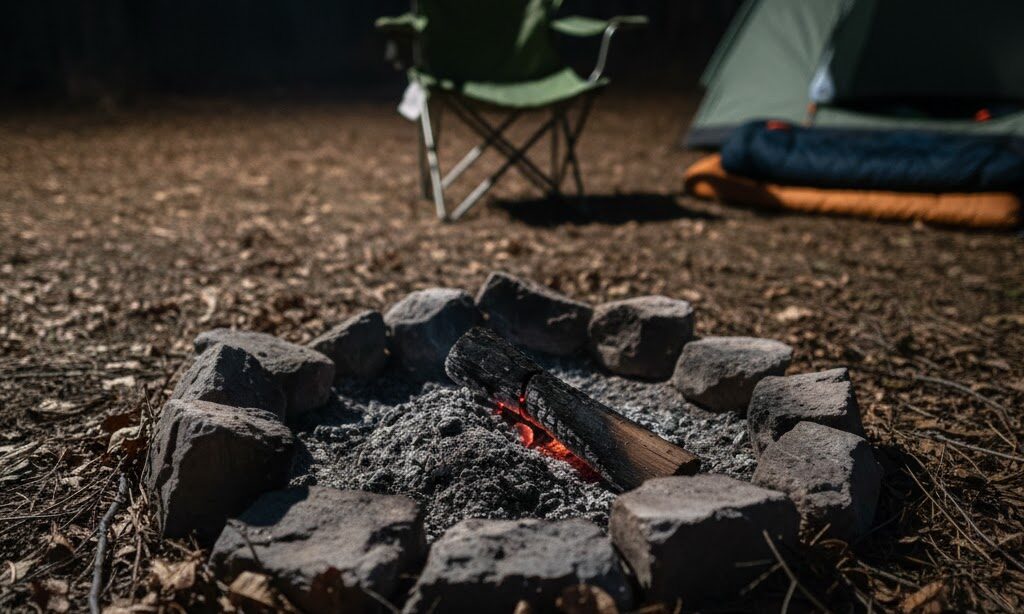 山火事 なぜ起こる|たき火の不始末で残る火種の危険性を示す焚き火跡の実写風イメージ