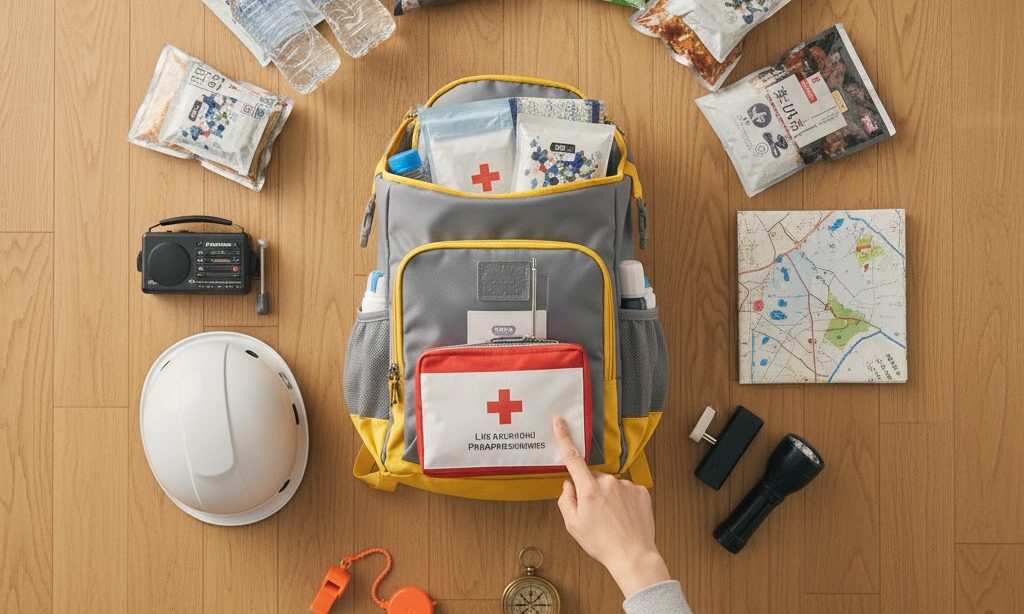 災害発生後72時間を生き抜くための必要なものを優先順位ごとに並べた防災リュック中身