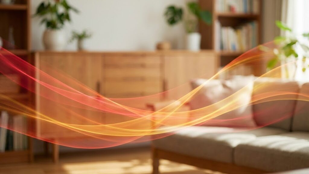 温かい風が吹くイメージを抽象的な光の流れで示した実写風の温風イメージ