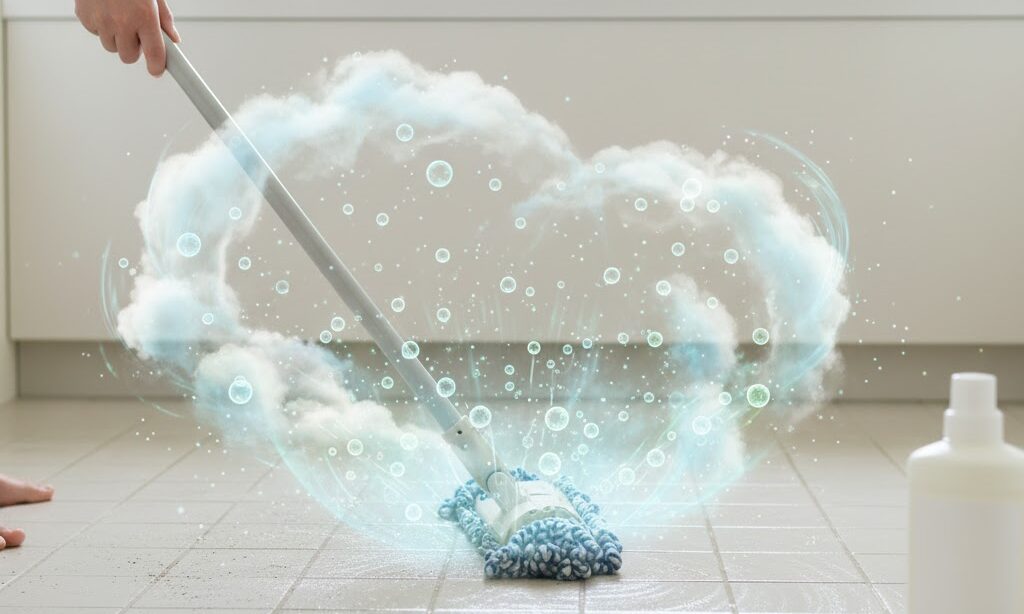 バイオ洗剤が微生物の力で床の汚れを分解する様子を表現した実写風シーン