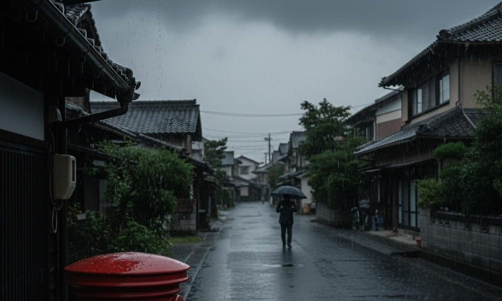 乱層雲による地雨が長時間続く様子。しとしと降る継続的な雨のイメージ