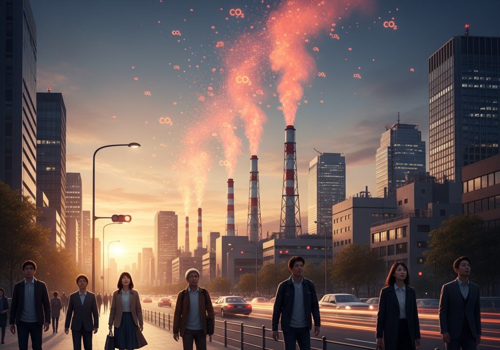 石油や石炭などの化石燃料と二酸化炭素排出が地球温暖化の原因となる様子を示すイメージ画像