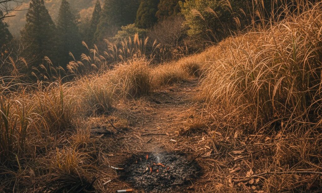 山火事 なぜ起こる|日本の山火事の8割が人為的原因であることを示す山道の吸い殻写真