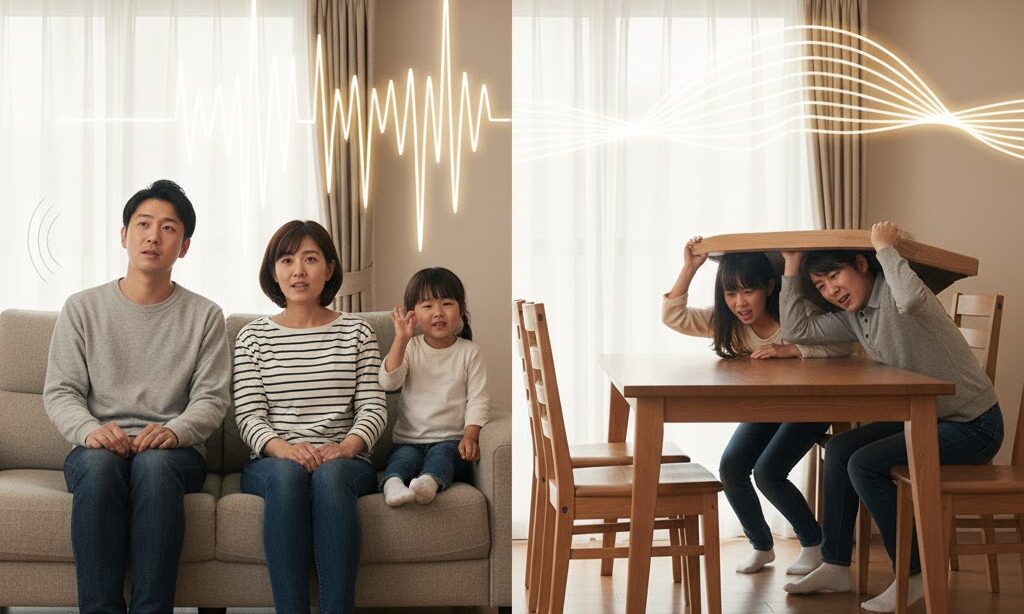 地震のP波とS波の違いを比較する実写風イメージ|初期微動と主要動の特徴を示す構図