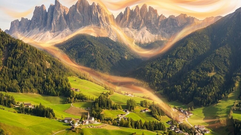 アルプスの山並みを越えて乾いた風が吹くフェーン現象の由来を表現した実写風イメージ