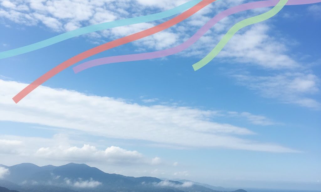 天気図の基本と前線の種類を学ぶイメージ。青空と雲、前線を示す抽象的な線が流れる実写風構図。日本の気象を学ぶ教育的な雰囲気。