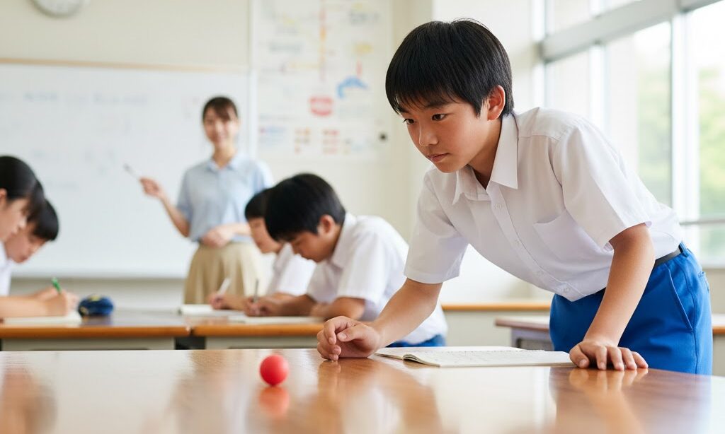 慣性の法則を理解する中学生の実験シーン ボールの動きを観察