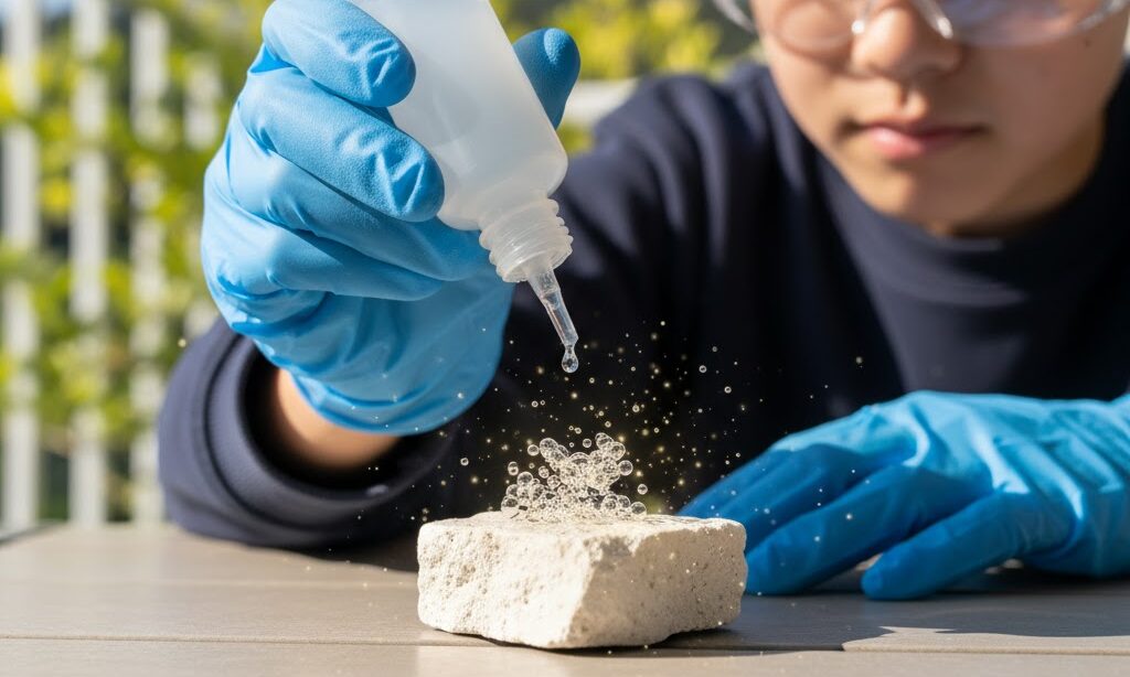 希塩酸を使った石灰岩の鑑定実験 泡が出る化学反応の様子を安全に観察する高校生 防災士監修の理科解説用写真