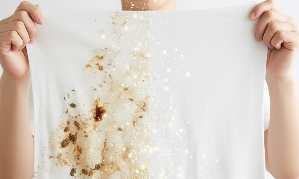 汚れが微生物の働きで消えていく過程を示す衣類のビフォーアフター画像