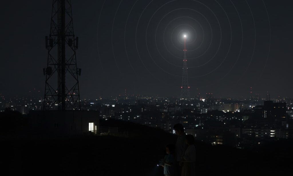 停電で携帯電話基地局が停止し通信障害が起きる様子のイメージ