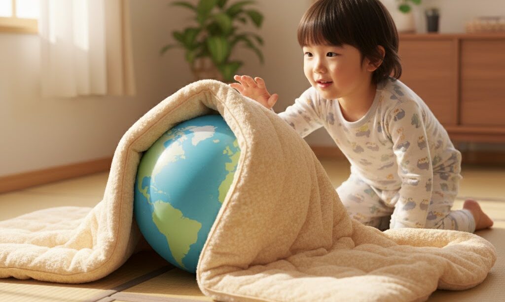 温室効果ガスを布団に例えて地球温暖化の仕組みを説明するイメージ画像。子どもにも分かりやすい解説
