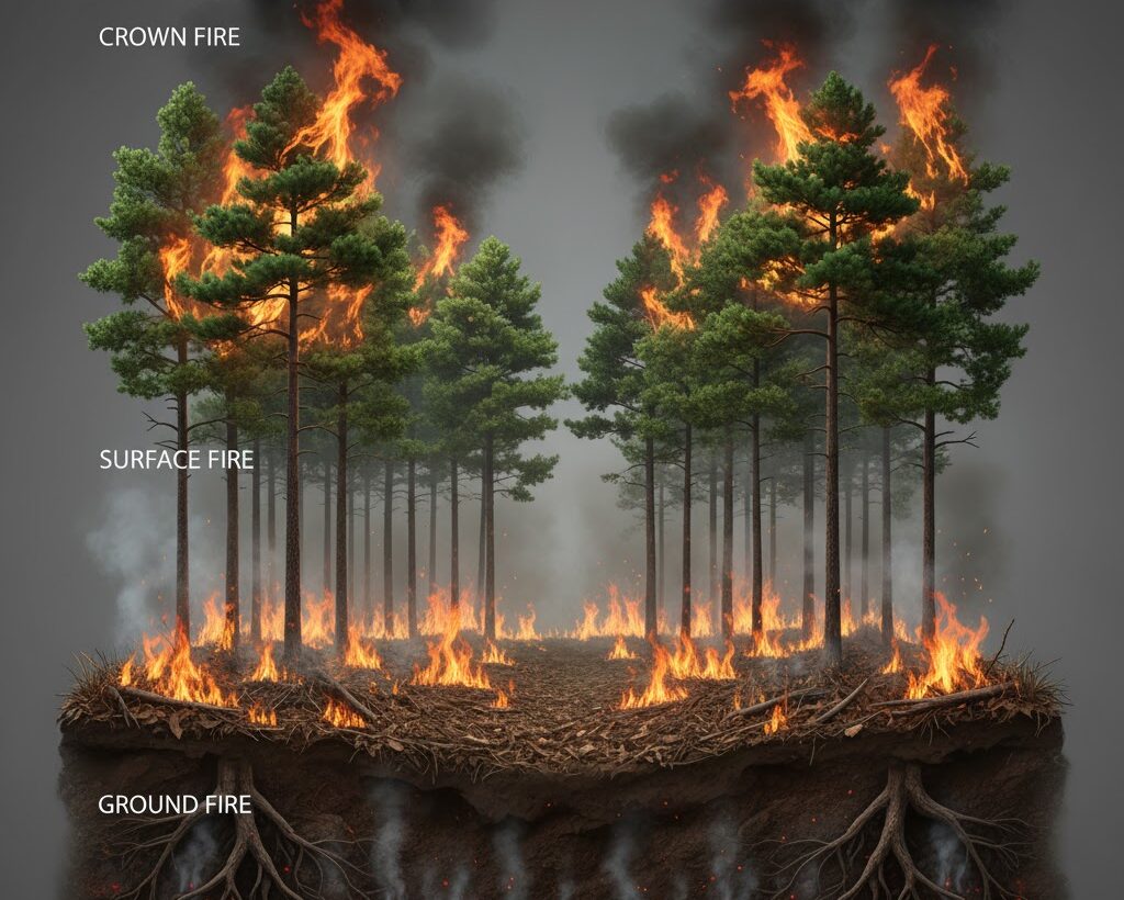 山火事 なぜ起こる|地表火・地中火・樹冠火の違いを示す森林の層構造イメージ