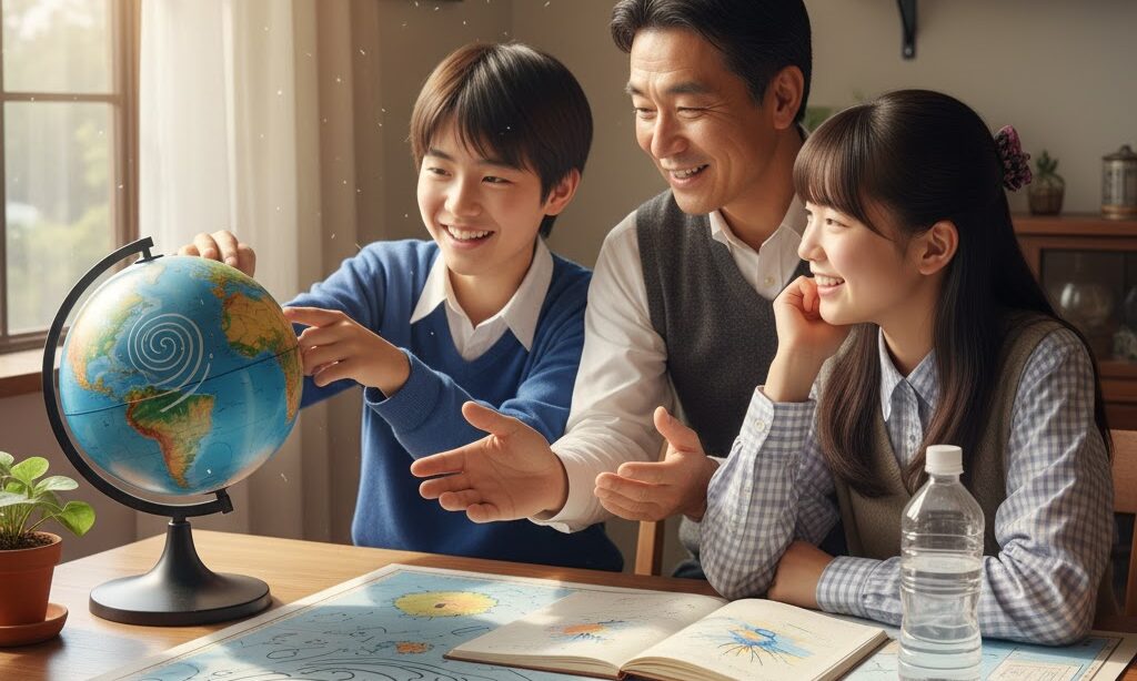 防災と理科の関係を学ぶ日本人親子の実写風イメージ|地震や台風の仕組みを中学生に解説するシーン