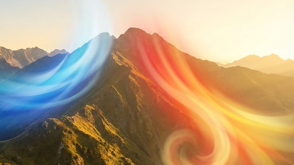 山を越える空気が冷えてから暖まり直すフェーン現象の全体イメージを示す実写風の抽象図