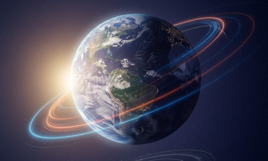 地球の自転をイメージした地球の回転と朝日 実写風イメージ