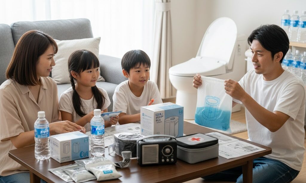断水時のトイレ問題に対して考えているファミリー