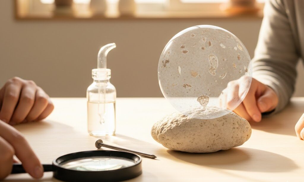 石灰岩の見分け方を学ぶ中学生と大人 ルーペや釘で観察する理科学習の様子 屋内の自然光で安全に実験